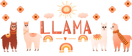 Alpacas web banner with cartoon style animal characters llama and peru elements, colorful poster design with tribal ornates in scandinavian styleのイラスト素材