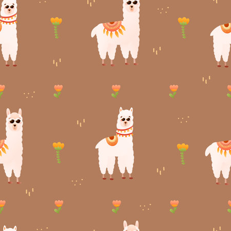 Alpaca seamless pattern on dark background in cartoon style, floral elements with llamas characters, ornate for children bedding or textile, cute wrapping paper designのイラスト素材