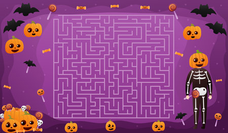 Halloween labyrinth with cute pumpkin character, help to find right way to sweets, flying bats on purple backgroundのイラスト素材