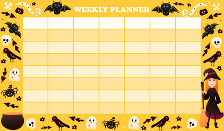 Halloween timetable for kids with colorful witch character and spooky elements - bats, ghosts, crows on yellow background, colorful weekly planner for kidsのイラスト素材