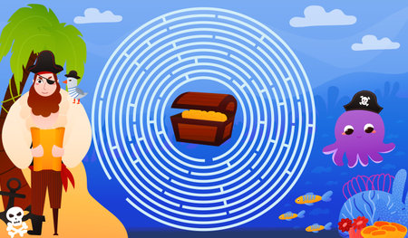 Cute pirate character holding map, help to find way to chest with gold, circle maze for kids, underwater themed gameのイラスト素材