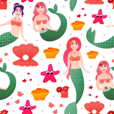 Mermaid seamless pattern for kids with underwater mythical characters in cartoon style, colourful seaweeds and starfishのイラスト素材