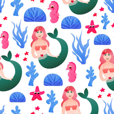 Marmaid anf seahorse seamless pattern for bedding or wrapping paper with colourful seaweeds on white backroundのイラスト素材