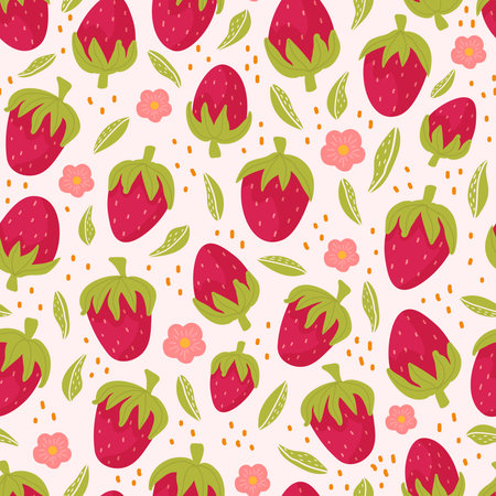 colourful strawberry seamless pattern on white background with pink flowers and leaves in...