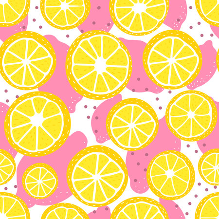 Colorful seamlesss lemon slices ornate with pink and yellow on white background, dotted pattern for kitchen textile or packaging, tropical summer surface design in scandinavian styleのイラスト素材
