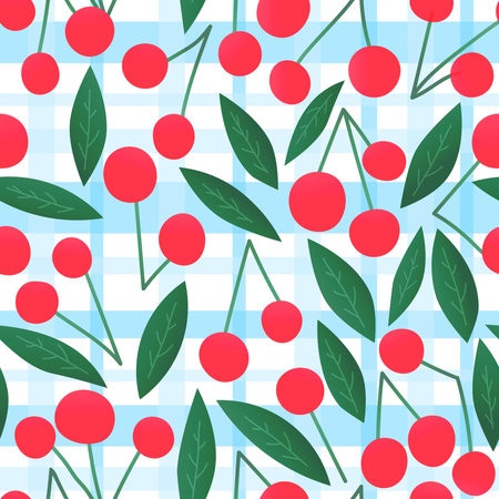 Colourful cherry seamless pattern on cherked blue background for kitchen fabric or tablecloth
