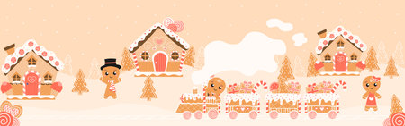 Christmas gingerbread houses, charactrs and train landscape, greeting banner in cartoon style, happy winter holidaysのイラスト素材