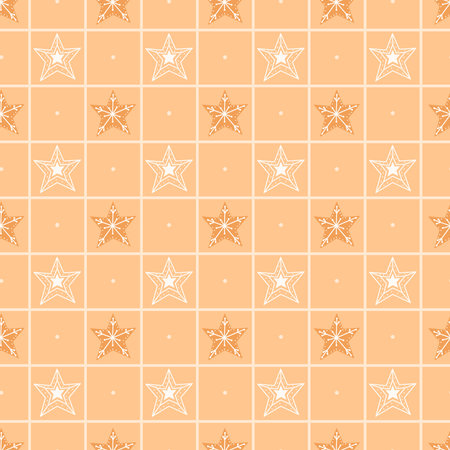 Checked christmas seamless pattern with gingerbread cookies, stars on yellow background, sweet winter wrapping paperのイラスト素材