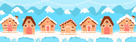 Christmas gingerbread houses web banner for winter holidays, greeting card in cartoon style on blue backgroundのイラスト素材