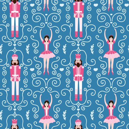 Christmas seamlesss pattern with nutcracker character and ballerina on dark blue background with swirlsのイラスト素材