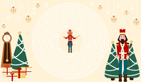 Christmas printable worksheet for kids with nutcracker chracter and gift boxes, help to find right way to mouse king, circle maze for children books for winter holidays in cartoon styleのイラスト素材