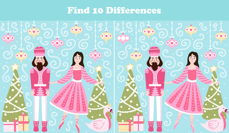 Christmas logical game, find ten differences riddle for children books with nutcracker character and ballerina in cartoon style, xmas eve and gift boxes, search puzzleのイラスト素材