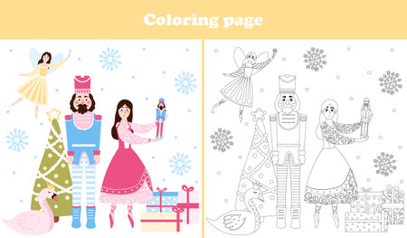 Christmas coloring page with cute nutcracker character and ballerina, flying fairy with wand, xmas tree and presents in cartoon style, printable worksheet for children books for winter holidaysのイラスト素材