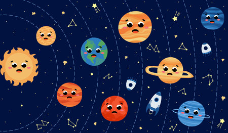 Solar system for kids with cute faces in kawaii style for educational posters or infographics, planets and spaceshipsのイラスト素材