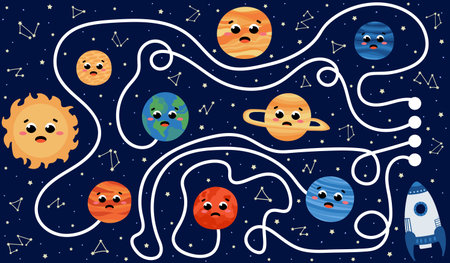 Logical find right way to earth game for kids with planets of solar system, riddle in cartoon style with spaceships and alien rockets, stars, printable worksheet, galaxy themed puzzleのイラスト素材