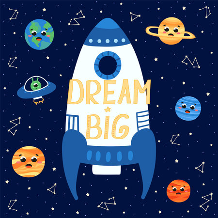 Dream big lettering with space ship and colorful planet around, alien rocket, galaxy themed poster or card for kids, cosmo background im cartoon style on dark backgroundのイラスト素材