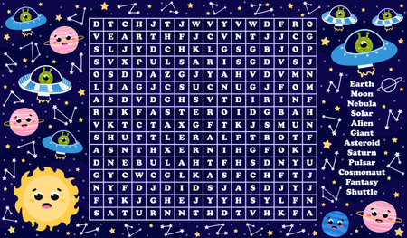 Space word search game with cute planets, alien monsters on spaceshipsin cartoon style for kids learning english, printable worksheet with universe themed words for children booksのイラスト素材