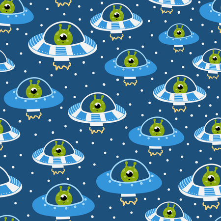 Cute childish alien spaceships dotted seamless pattern on dark background, ideal for bedding design or wrapping paper, galaxy themed ornament in cartoon styleのイラスト素材