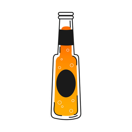Beer bottle in hand drawn style with bublles on white background, breewery element in black and yellow coloursのイラスト素材