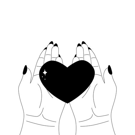 woman hands holding heart in palms, self love concept in linear style, sticker for valentine or tattoo, made with loveのイラスト素材
