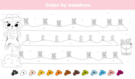 Color by numbers page with cute scarecrow and harvest - carrots and beet roots, printable worksheet for kids for agricultural themeのイラスト素材