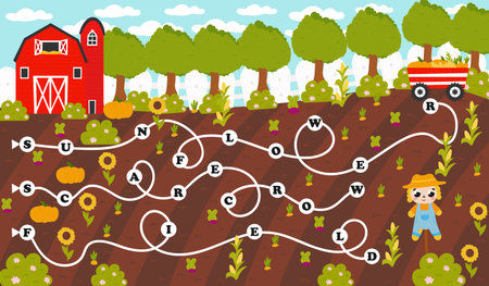 Colorful word maze for kids with english farming themed words in cartoon style with harvesting, farming, scarecrowのイラスト素材