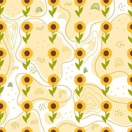 Sunflower seamless pattern with abstract forms, lines and dots, colorful ornament for kitchen textile in cartoon styleのイラスト素材