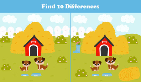 Find differences game for kids with dog family and house, haystacks, farm landscape in cartoon style, printable worksheet for children booksのイラスト素材