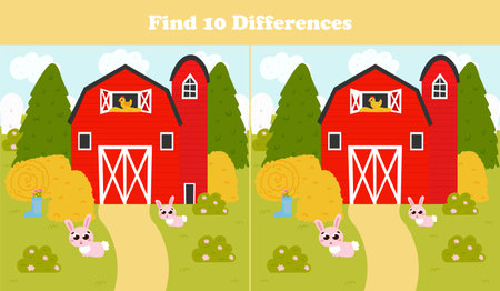 Find differences game for kids with barn and haystacks, rabbits, farm landscape in cartoon style, printable worksheet for children booksのイラスト素材
