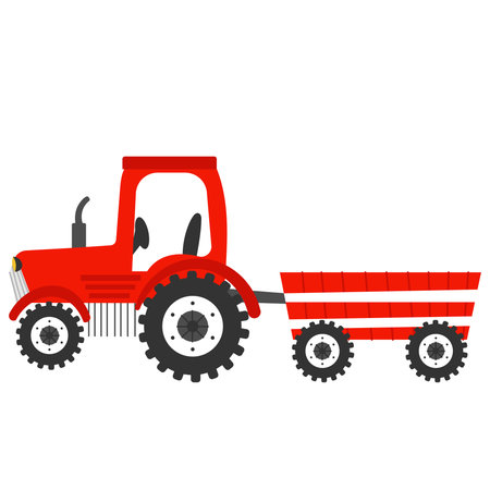 Red tractore in cartoon style isolated on white background, farm transport, rural lifestile concept for children books or postersのイラスト素材