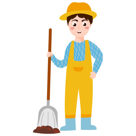 Young boy farmer digging in cartoon style isolated on white background, farm or rural lifestile concept for children books or postersのイラスト素材