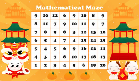 Mathmetical maze for kids with rabbit dancing lion dance and lucky cats on orange background, printable worksheetのイラスト素材