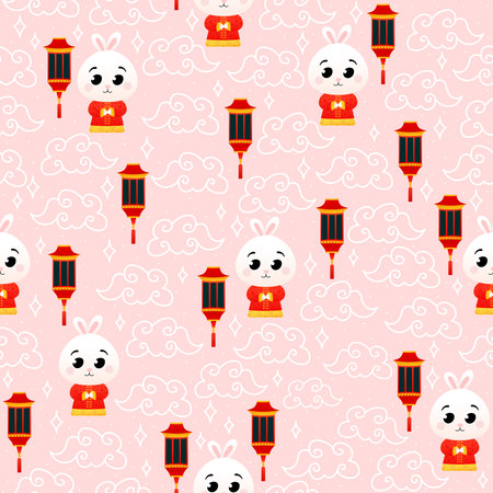 Asian cloud and cute rabbit in national costume, lanterns seamless pattern on pink background for wallpaper or print for lunar new year or festival, oriental ornamentのイラスト素材