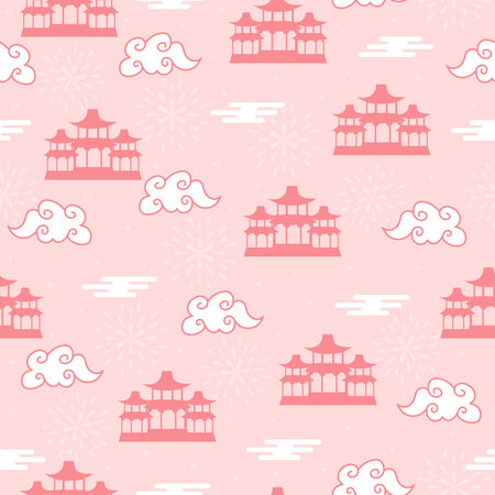 Asian cloud and temple seamless pattern on pink background for wallpaper or print for lunar new year or festival, oriental ornamentのイラスト素材