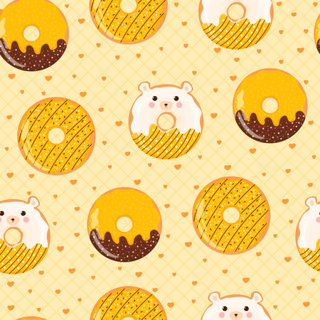 Cute colorful bear donuts seamless pattern for kids in cartoon style on yellow background, tasty bakery ornament for print or cafe design in childish styleのイラスト素材