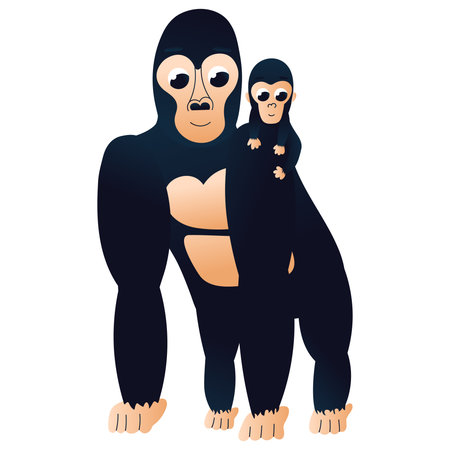 Cartoon black gorilla character in childish style, zoo animal isolated on white background, design element for poster or pattern, african tropical faunaのイラスト素材