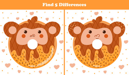 Educational find five differences puzzle for kids with cute animal donut - monkey sweets in cartoon styleのイラスト素材