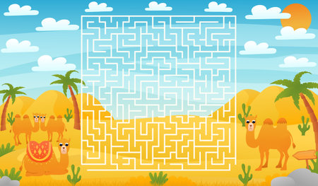 Printable educational worksheet for kids with labyrinth puzzle, safari desert animals wildlife with cute camel family, find way game for children books in cartoon styleのイラスト素材