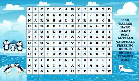 Educational word search game for kids with arctic animals, printable children activity worksheet in cartoon style with seal, penguins and polar bear, pufffinのイラスト素材