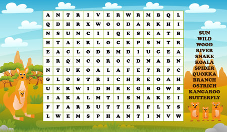 Words search puzzle for kids with australian animals - kangaroo and quokka, printable worksheet for learning english for children books in cartoon styleのイラスト素材
