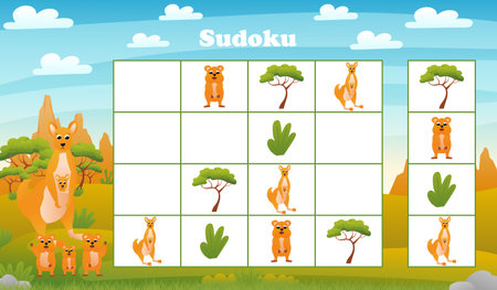 Kids sudoku board game with cartoon kangaroo and quokka in desert. riddle with australian animals characters, printable educational worksheet for sparetimeのイラスト素材