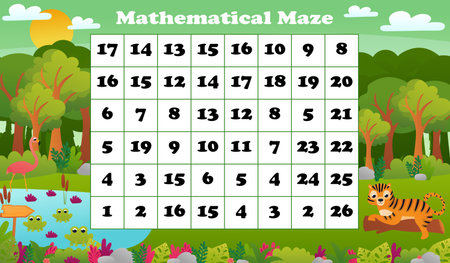Tropical math game with cute animal characters, jungle mathematic maze activity for preschool children with flamingo and tiger in cartoon styleのイラスト素材