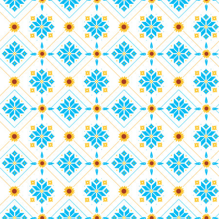 Seamless pattern with sunflowers and embroidered elements in national blue and yellow colors on...