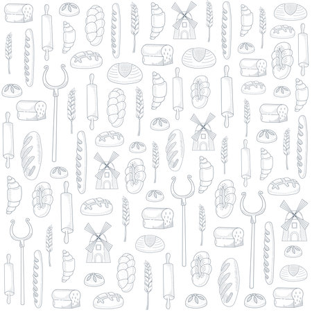 Seamless pattern for bakery shop, cafe, cupcake shop - packaging design with linear icons of bread and millの写真素材