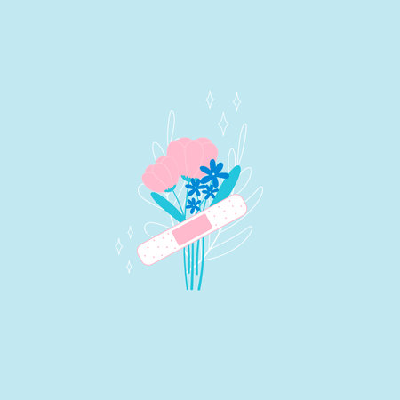 Sticking plaster with flowers on blue background, adhesive bandage with wildflower for first aid, design element for posters or print, love yourselfのイラスト素材