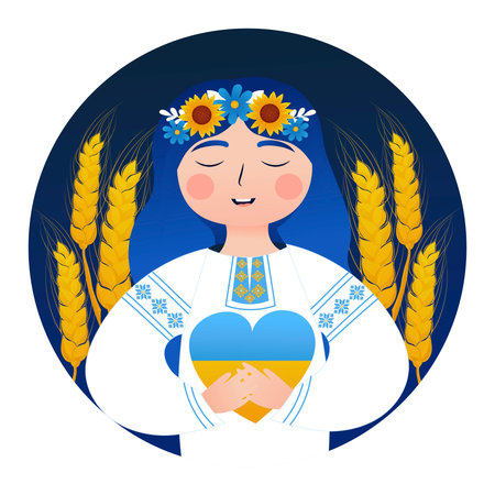 Ukrainian woman in a traditional national costume holding heart with the colors of the flag on dark blue backgroundのイラスト素材