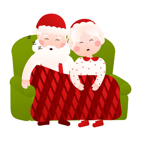 Mr and Mrs Santa Claus sleeping on a couch in cartoon style on white background, clip art for poster design or greetings cards, invitationsのイラスト素材