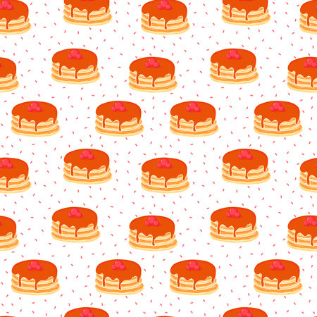Stack of pancakes with chocolate on plate pattern on white background, cute food ornament for menuの写真素材