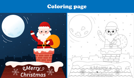Santa Claus is coming down the chimney coloring page for christmas, printable worksheet for kidsのイラスト素材