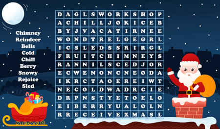 Christmas worksheet with word search game with santa claus waving from from chimney, printable riddle for kidsのイラスト素材